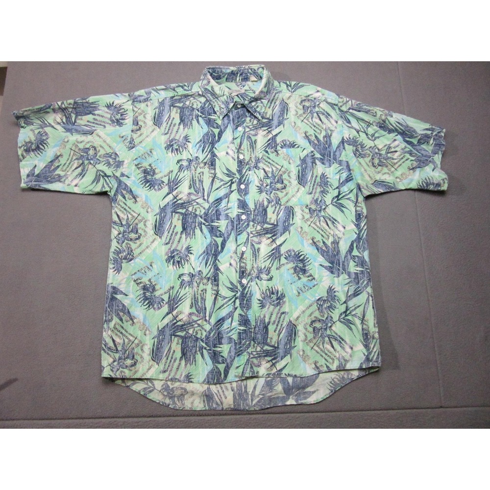 Le Tigre Shirt Mens XL Green Blue Vintage Tropical Floral Hawaiian Aloha